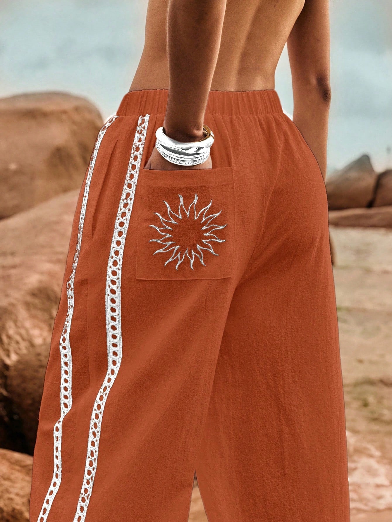 Poéselle Women's Wide Leg Loose Casual Pants With Sun Embroidered Pockets,Vacation Outfits Woman,Beach Vacation,Embroidered Pants,Summer Outfits For Women Vacation Outfits Women Resort Wear