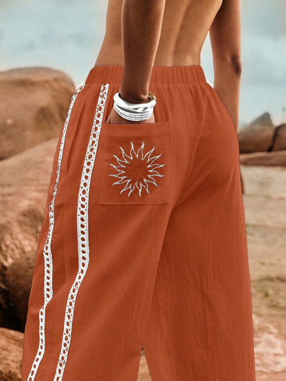 Poéselle Women's Wide Leg Loose Casual Pants With Sun Embroidered Pockets,Vacation Outfits Woman,Beach Vacation,Embroidered Pants,Summer Outfits For Women Vacation Outfits Women Resort Wear