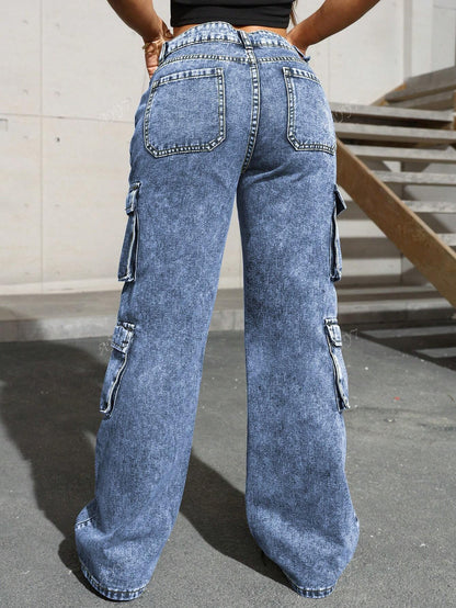 Flap Pocket Side Cargo Denim Jeans Simple Fashionable Daily Casual