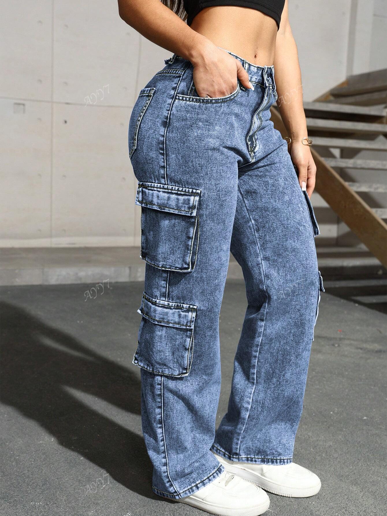 Flap Pocket Side Cargo Denim Jeans Simple Fashionable Daily Casual