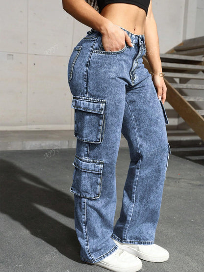 Flap Pocket Side Cargo Denim Jeans Simple Fashionable Daily Casual