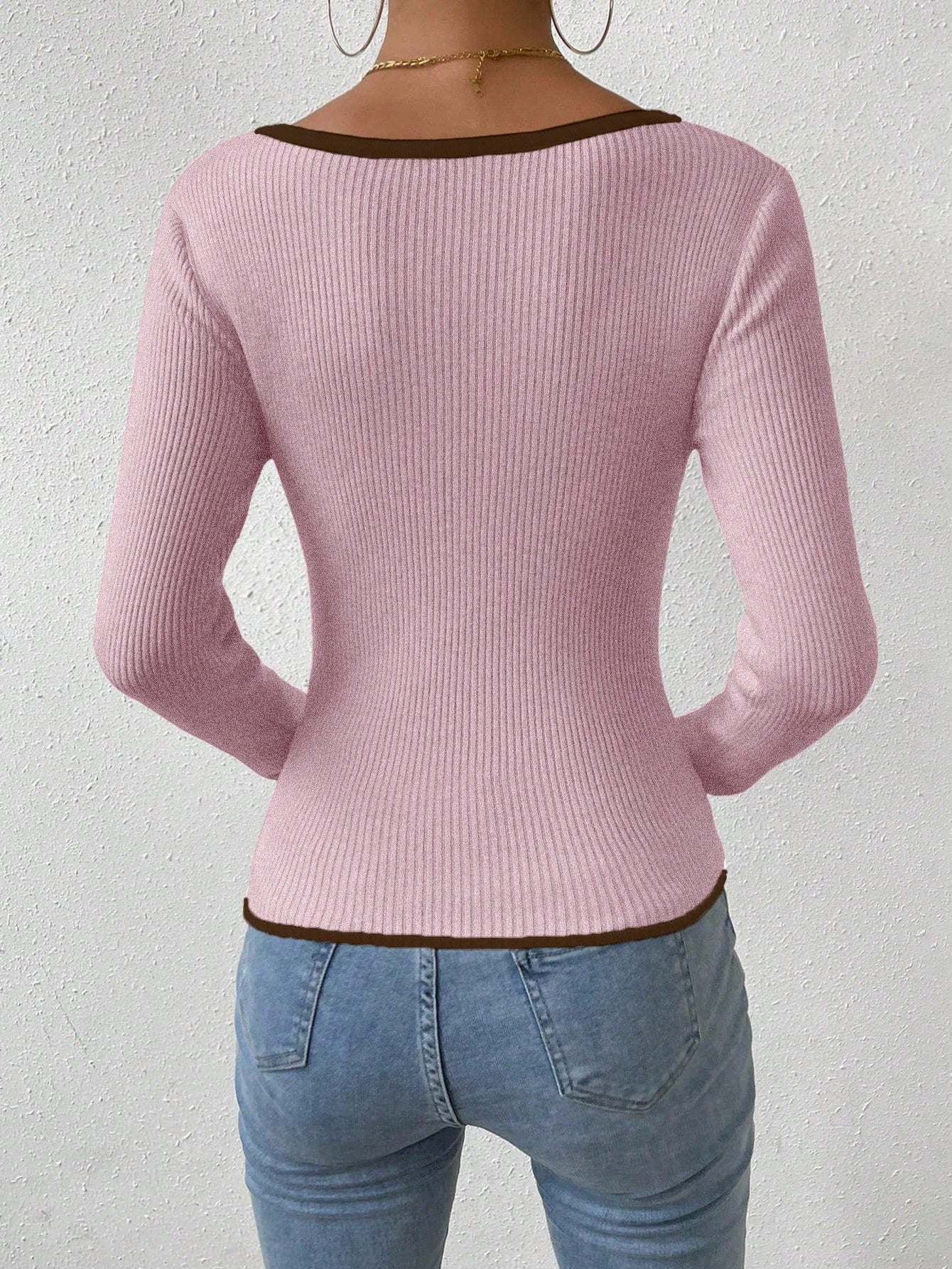 RosyDaze Contrast Binding Sweetheart Neck Ribbed Knit Sweater,Long Sleeve Tops Knit Pullover Fall Winter Outfit