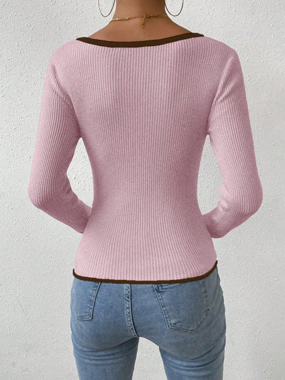 RosyDaze Contrast Binding Sweetheart Neck Ribbed Knit Sweater,Long Sleeve Tops Knit Pullover Fall Winter Outfit