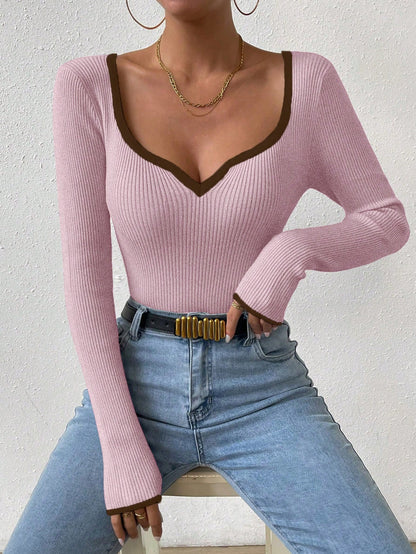 RosyDaze Contrast Binding Sweetheart Neck Ribbed Knit Sweater,Long Sleeve Tops Knit Pullover Fall Winter Outfit