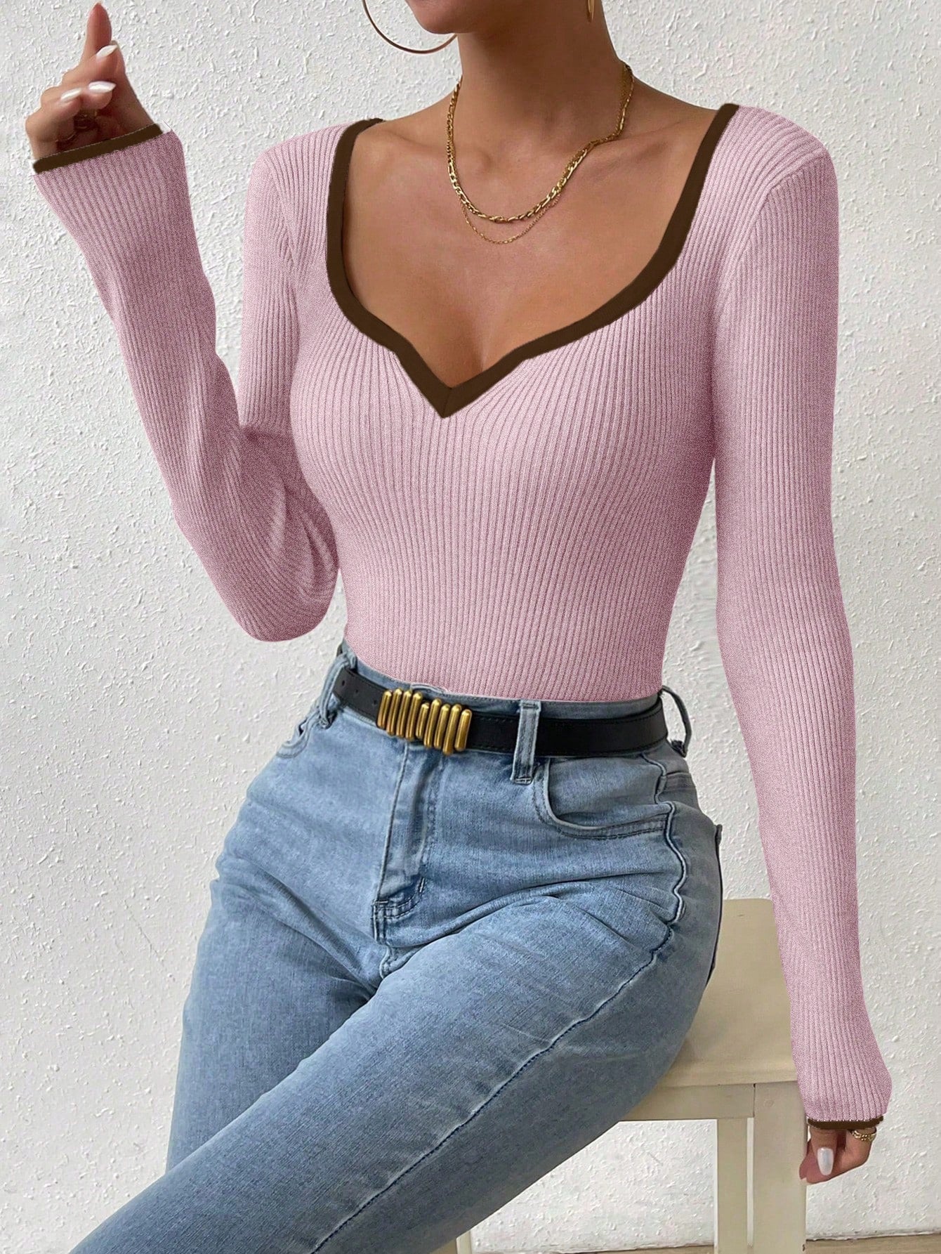 RosyDaze Contrast Binding Sweetheart Neck Ribbed Knit Sweater,Long Sleeve Tops Knit Pullover Fall Winter Outfit