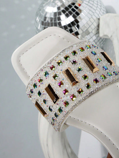 New Plus Size Luxury Anti-Slip Square Toe Mule Rhinestone & Pearl Embellished Fashion Versatile Women Beach Vacation Sandals