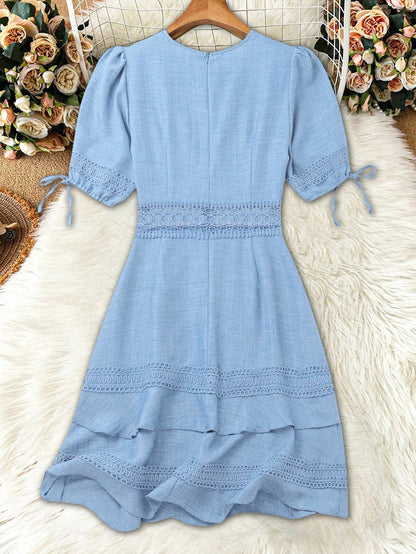 SHEIN Clasi Women's Solid Color Lace Trim Puff Sleeve Mini Dress, Summer