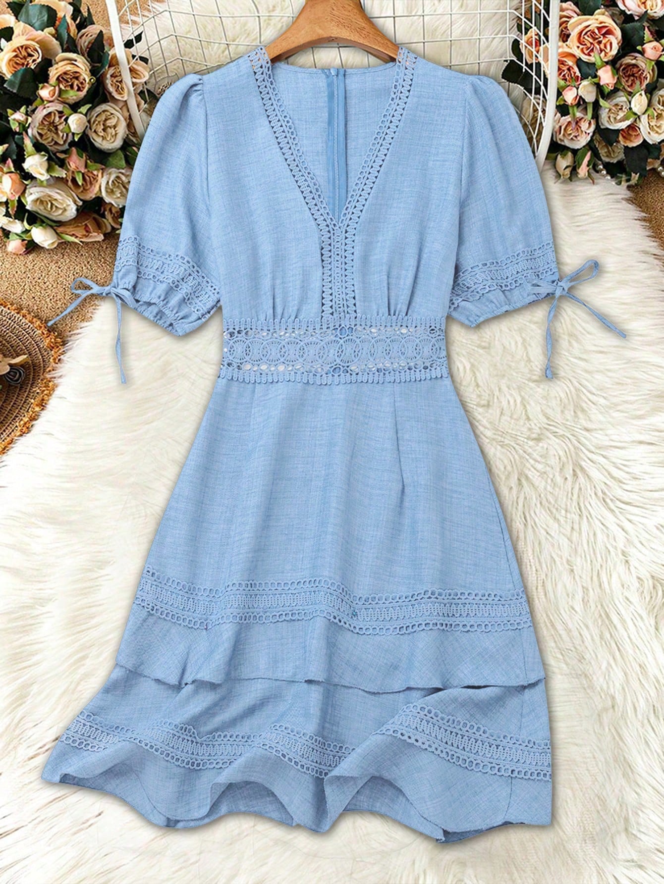 SHEIN Clasi Women's Solid Color Lace Trim Puff Sleeve Mini Dress, Summer