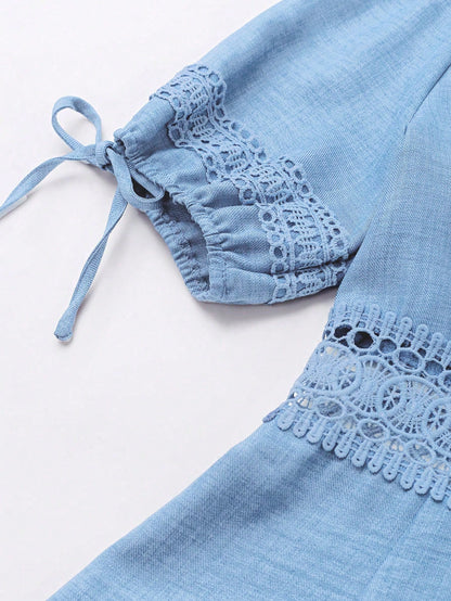 SHEIN Clasi Women's Solid Color Lace Trim Puff Sleeve Mini Dress, Summer