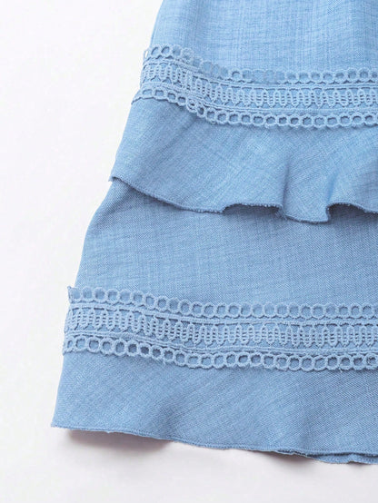 SHEIN Clasi Women's Solid Color Lace Trim Puff Sleeve Mini Dress, Summer