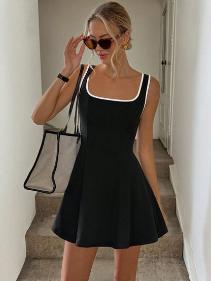 Easowa Square Neck Color-Blocking Waist Ruffle A-Line Casual Sports Women Short Dress