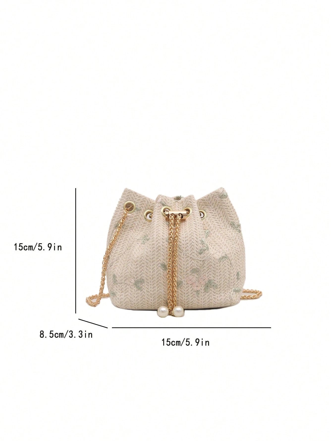 Fashion Solid Color Hollow Out Woven Chain Drawstring Mini Crossbody Bucket Bag