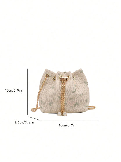Fashion Solid Color Hollow Out Woven Chain Drawstring Mini Crossbody Bucket Bag