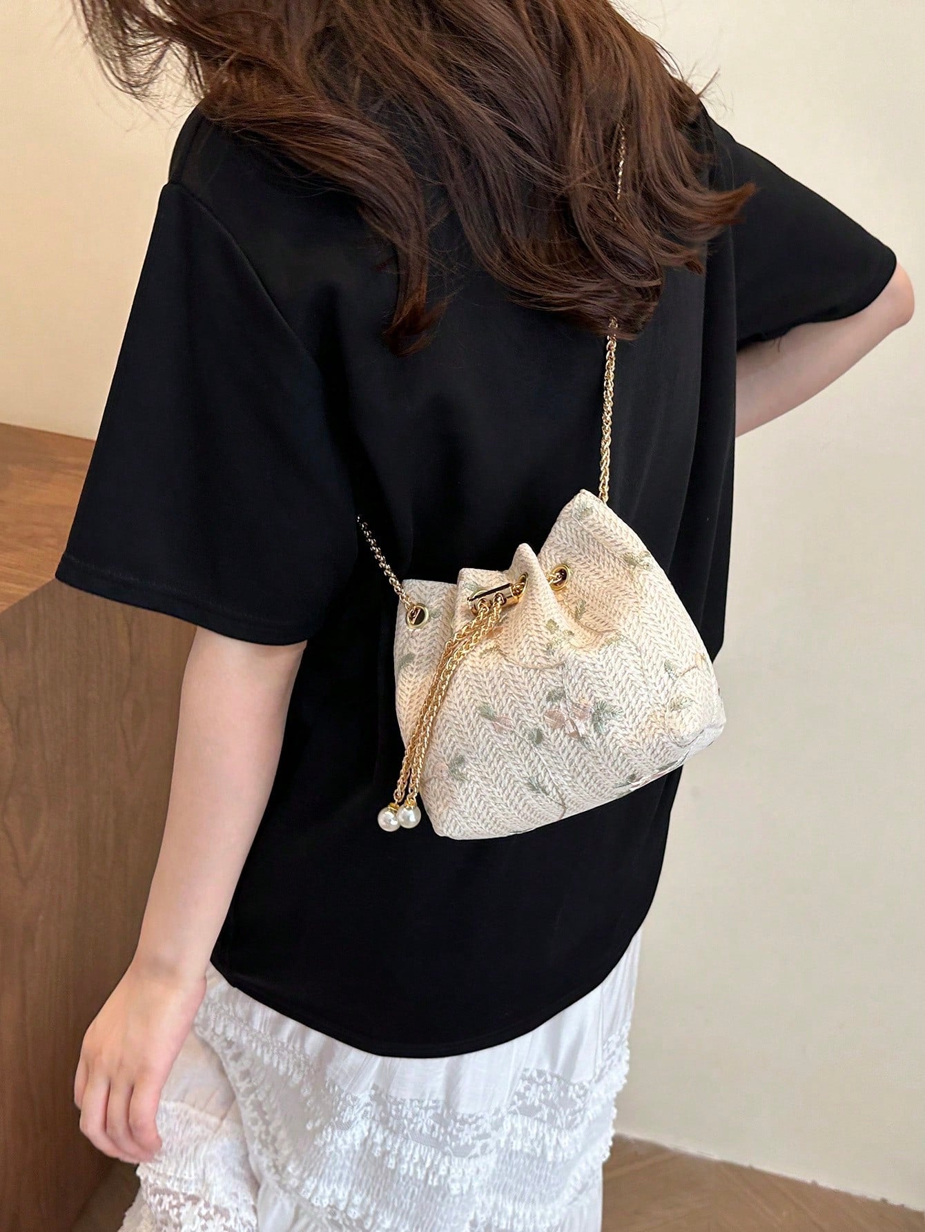 Fashion Solid Color Hollow Out Woven Chain Drawstring Mini Crossbody Bucket Bag