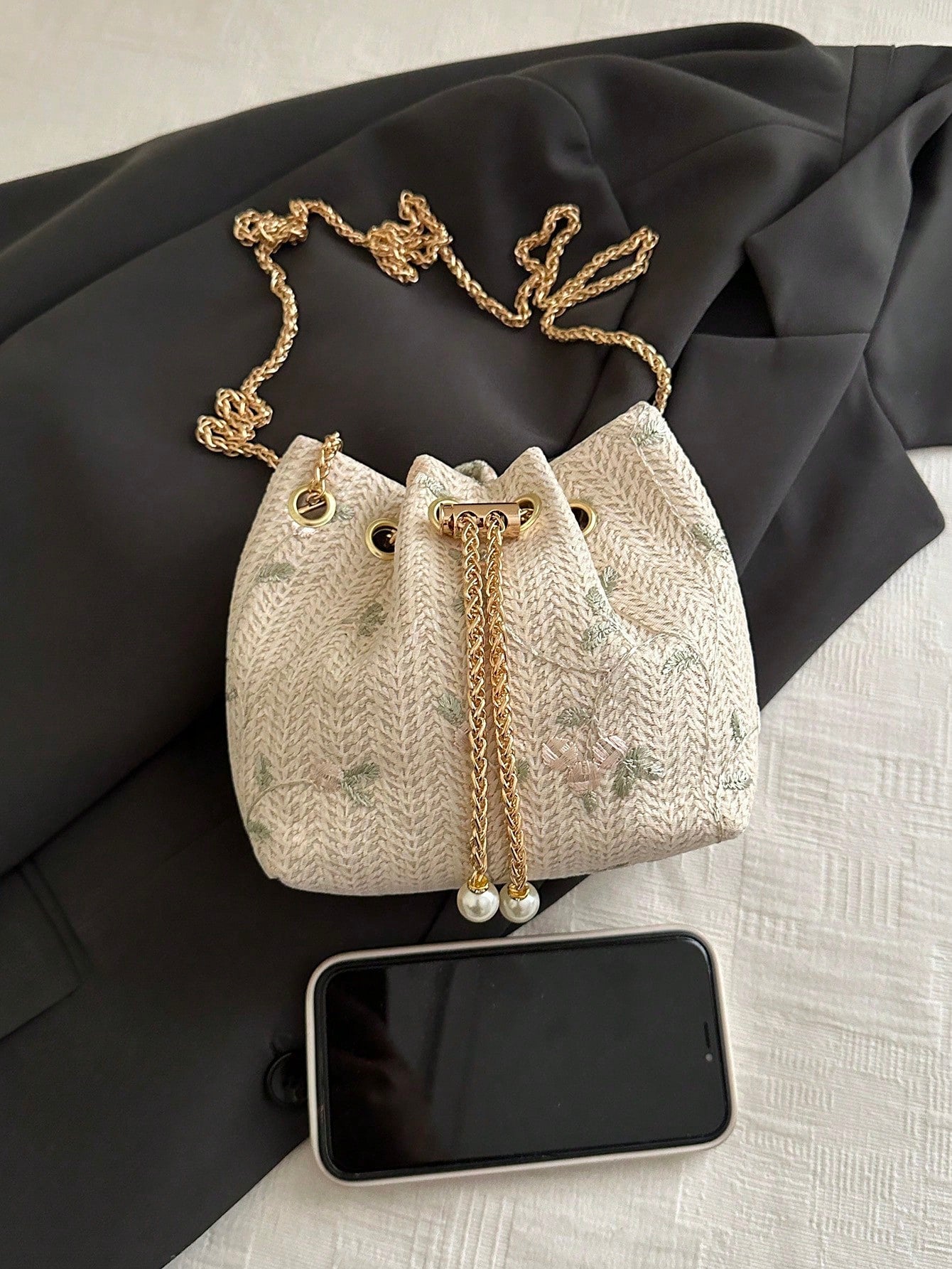 Fashion Solid Color Hollow Out Woven Chain Drawstring Mini Crossbody Bucket Bag