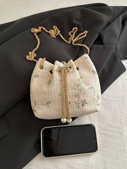 Fashion Solid Color Hollow Out Woven Chain Drawstring Mini Crossbody Bucket Bag