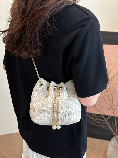 Fashion Solid Color Hollow Out Woven Chain Drawstring Mini Crossbody Bucket Bag