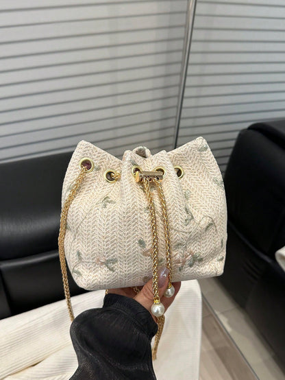 Fashion Solid Color Hollow Out Woven Chain Drawstring Mini Crossbody Bucket Bag