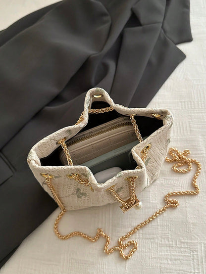 Fashion Solid Color Hollow Out Woven Chain Drawstring Mini Crossbody Bucket Bag