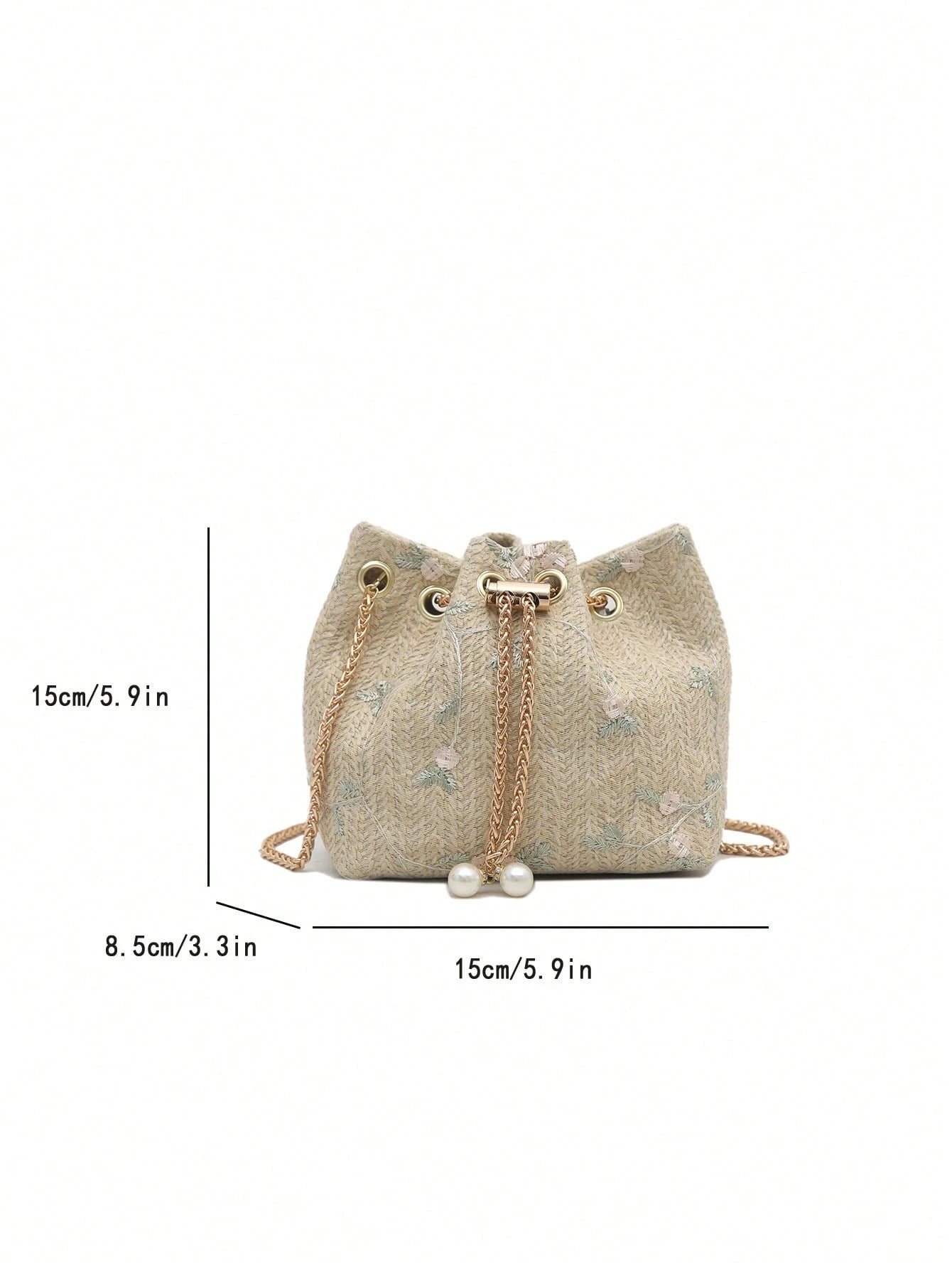 Fashion Solid Color Hollow Out Woven Chain Drawstring Mini Crossbody Bucket Bag