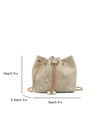 Fashion Solid Color Hollow Out Woven Chain Drawstring Mini Crossbody Bucket Bag