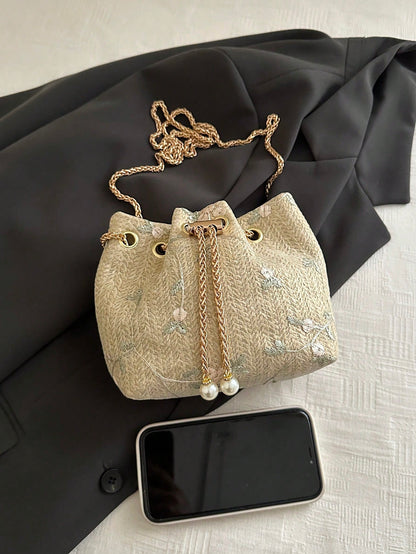 Fashion Solid Color Hollow Out Woven Chain Drawstring Mini Crossbody Bucket Bag