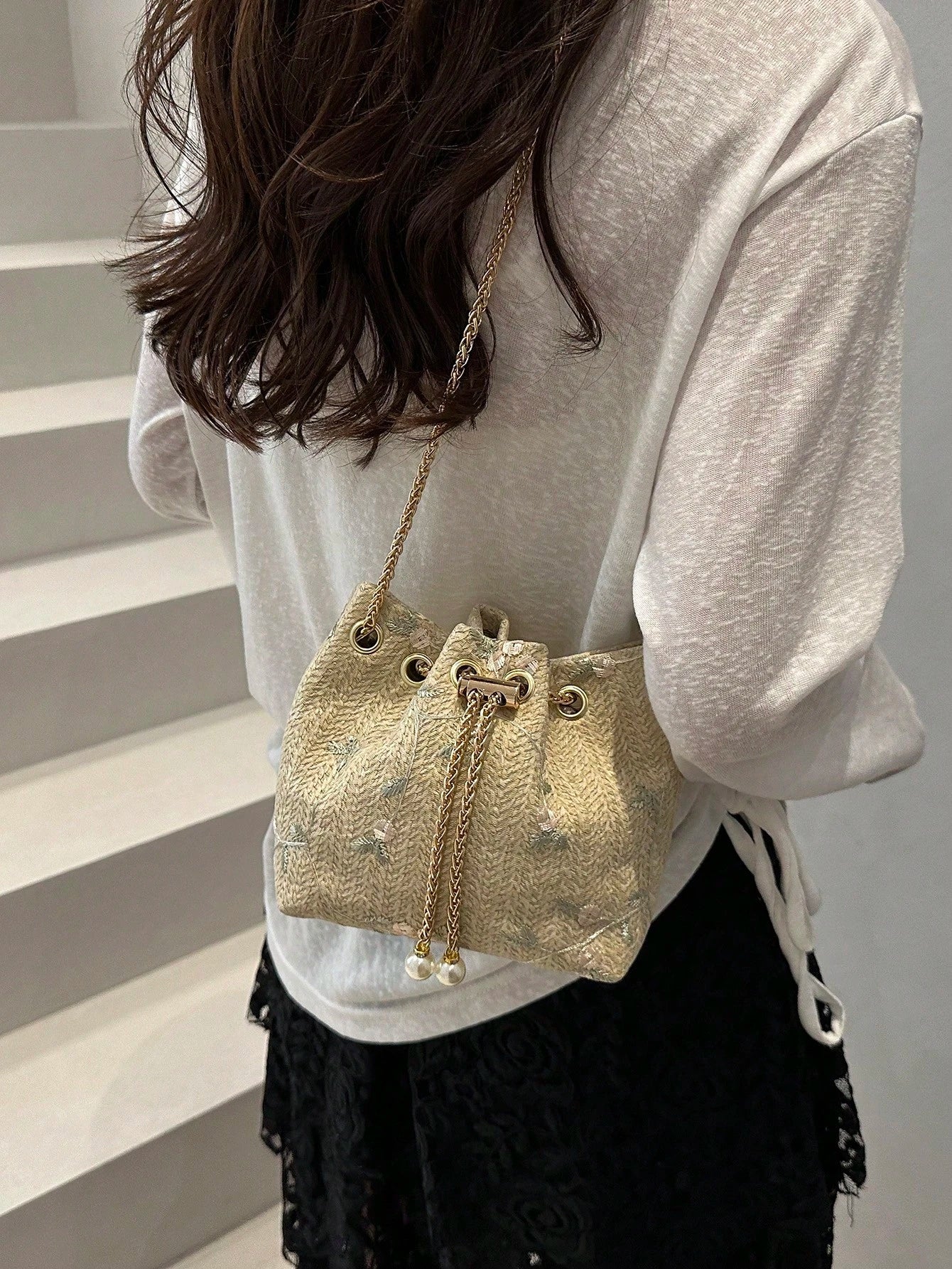 Fashion Solid Color Hollow Out Woven Chain Drawstring Mini Crossbody Bucket Bag
