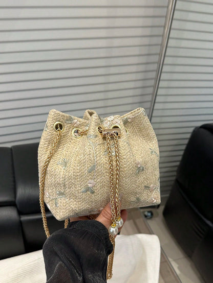 Fashion Solid Color Hollow Out Woven Chain Drawstring Mini Crossbody Bucket Bag