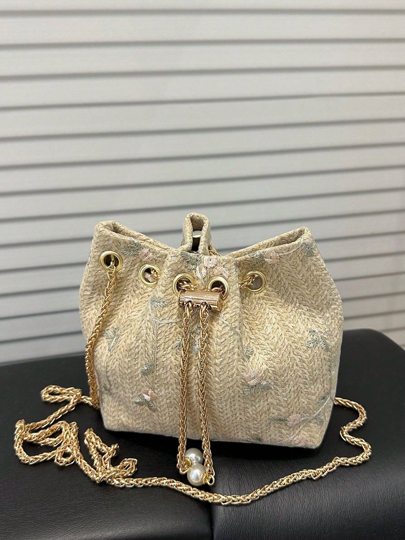 Fashion Solid Color Hollow Out Woven Chain Drawstring Mini Crossbody Bucket Bag