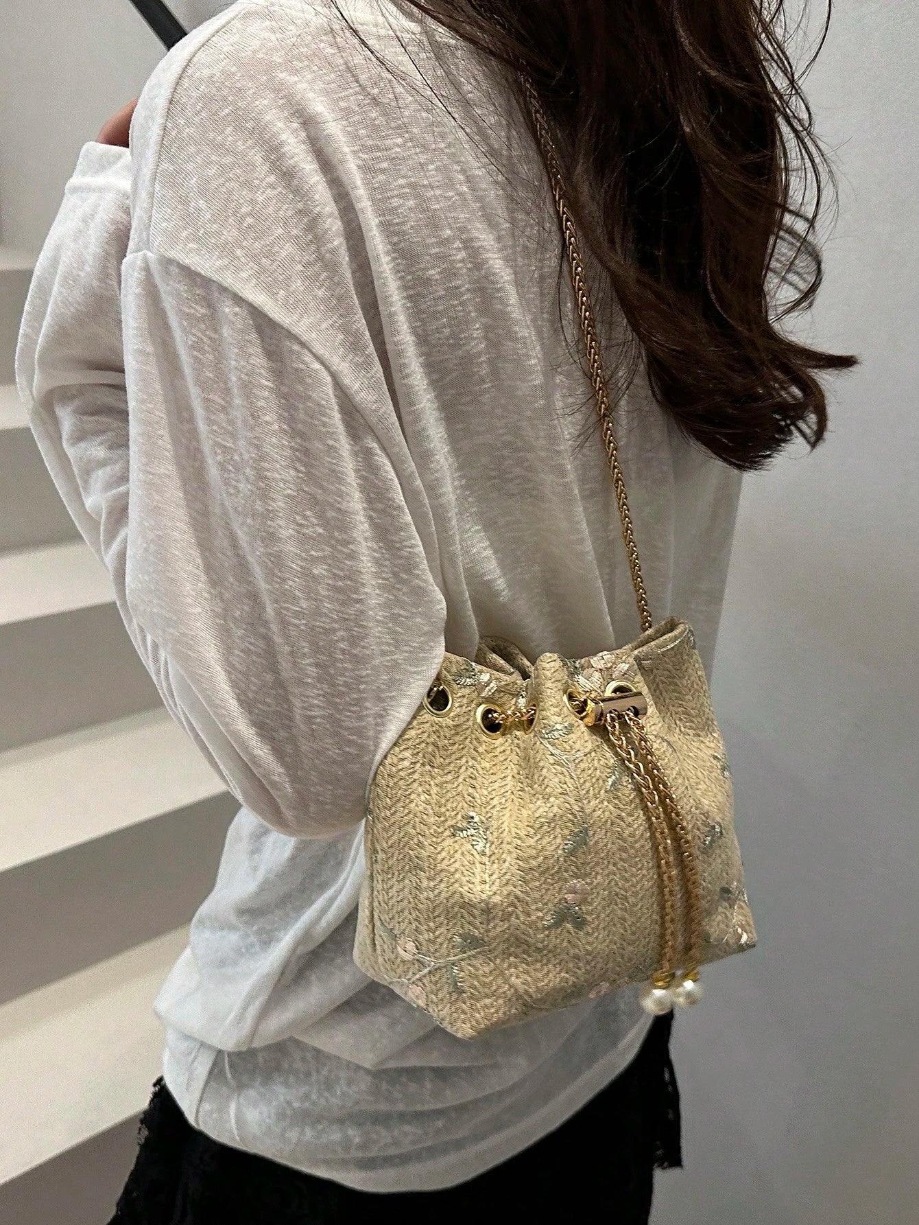 Fashion Solid Color Hollow Out Woven Chain Drawstring Mini Crossbody Bucket Bag