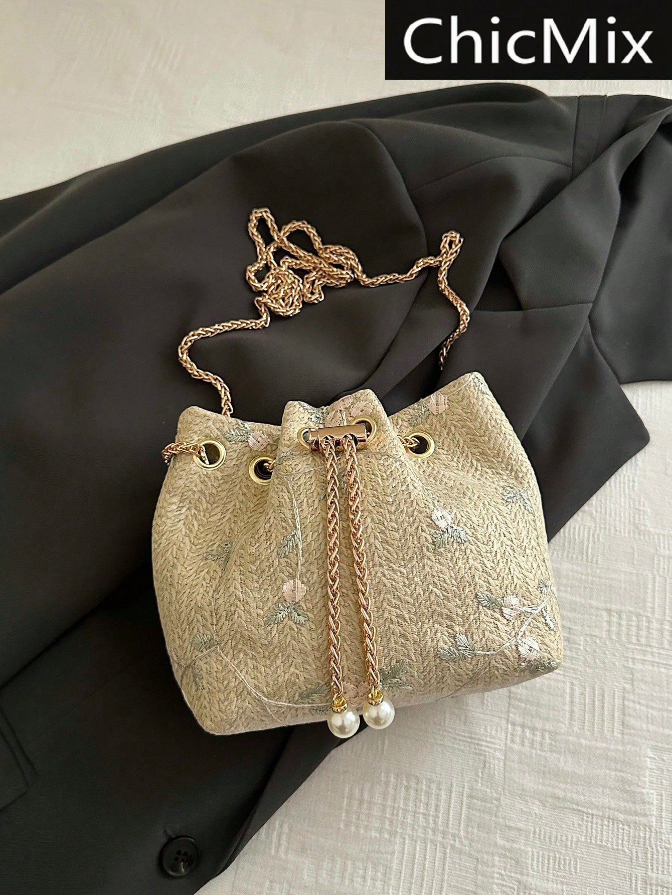 Fashion Solid Color Hollow Out Woven Chain Drawstring Mini Crossbody Bucket Bag
