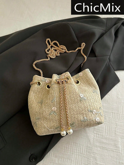 Fashion Solid Color Hollow Out Woven Chain Drawstring Mini Crossbody Bucket Bag