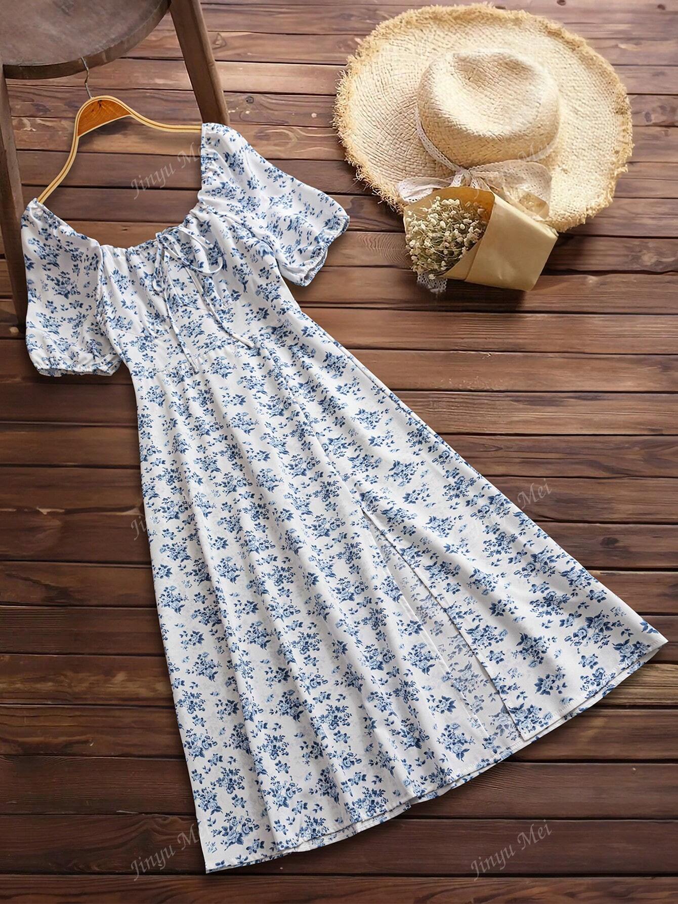 Women's Ditsy Floral Open Back Split Front Dress