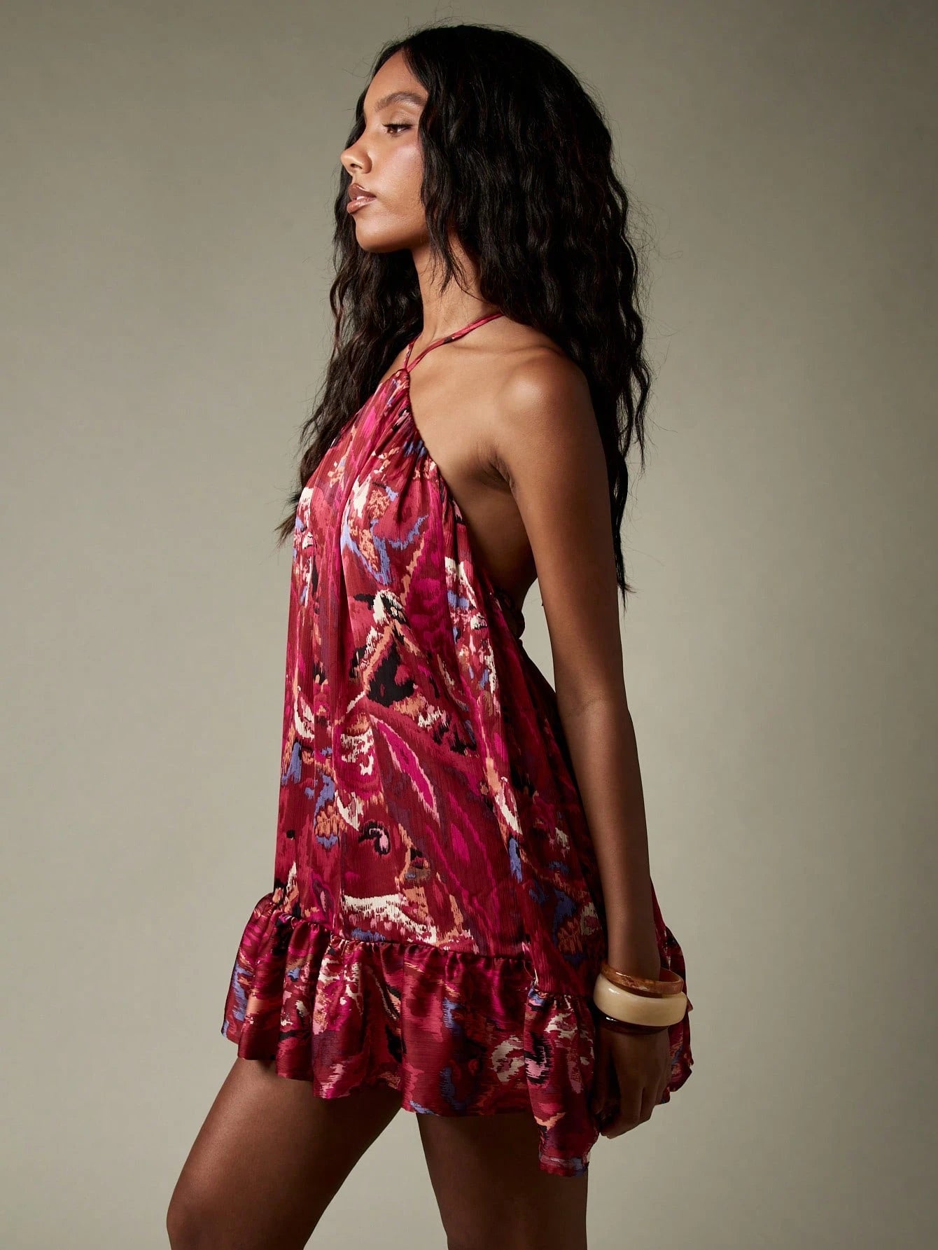 MISSGUIDED Halter Neck Ruffled Mini Dress Summer Festival Backless Party Cocktail A Line Flowy Evening Satin Dress