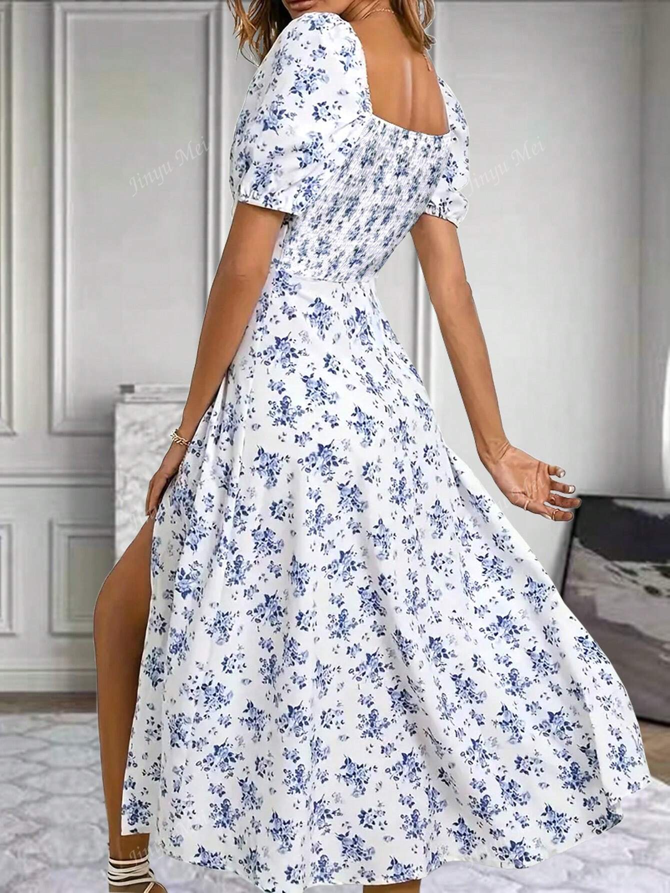 Women's Ditsy Floral Open Back Split Front Dress