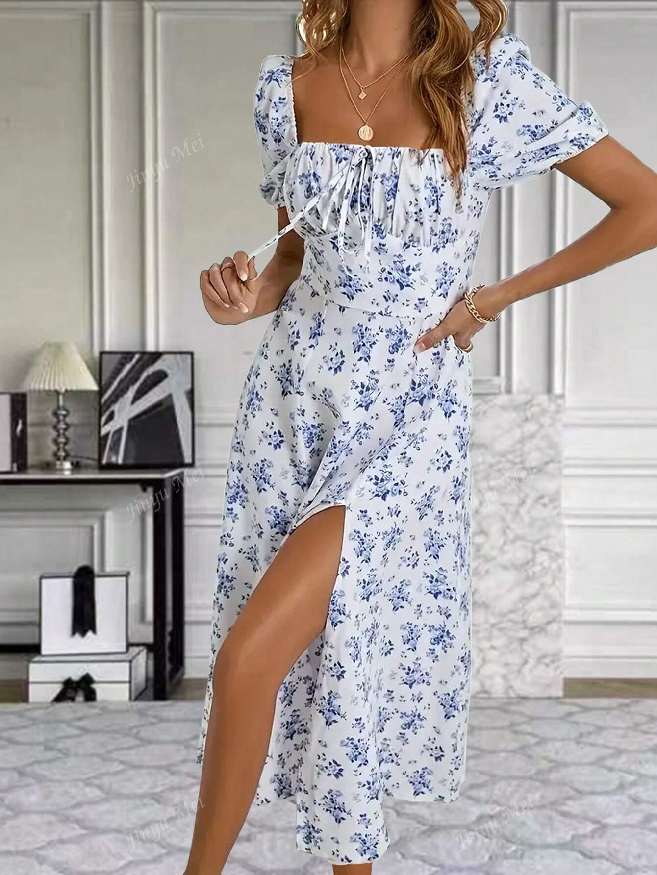 Women's Ditsy Floral Open Back Split Front Dress