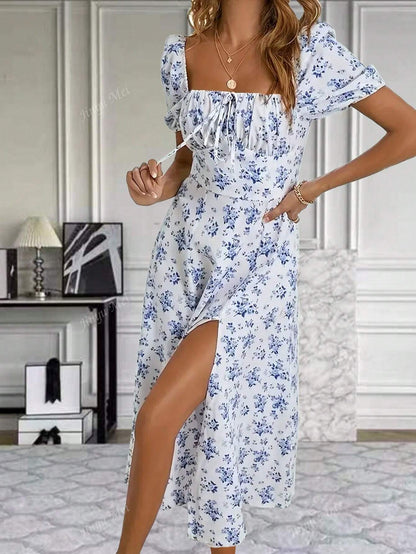 Women's Ditsy Floral Open Back Split Front Dress