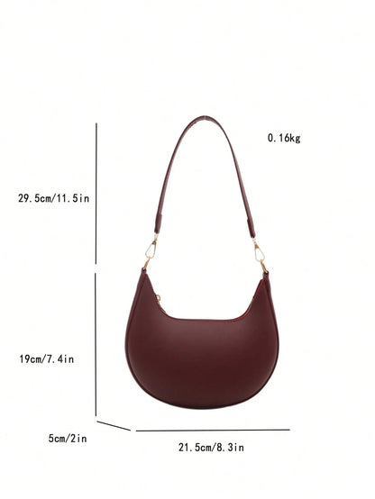 1pc Coffee Brown Crescent-Shaped PU Leather Shoulder Bag, Fashion Simple Solid Color Women Underarm Bag, Autumn/Winter