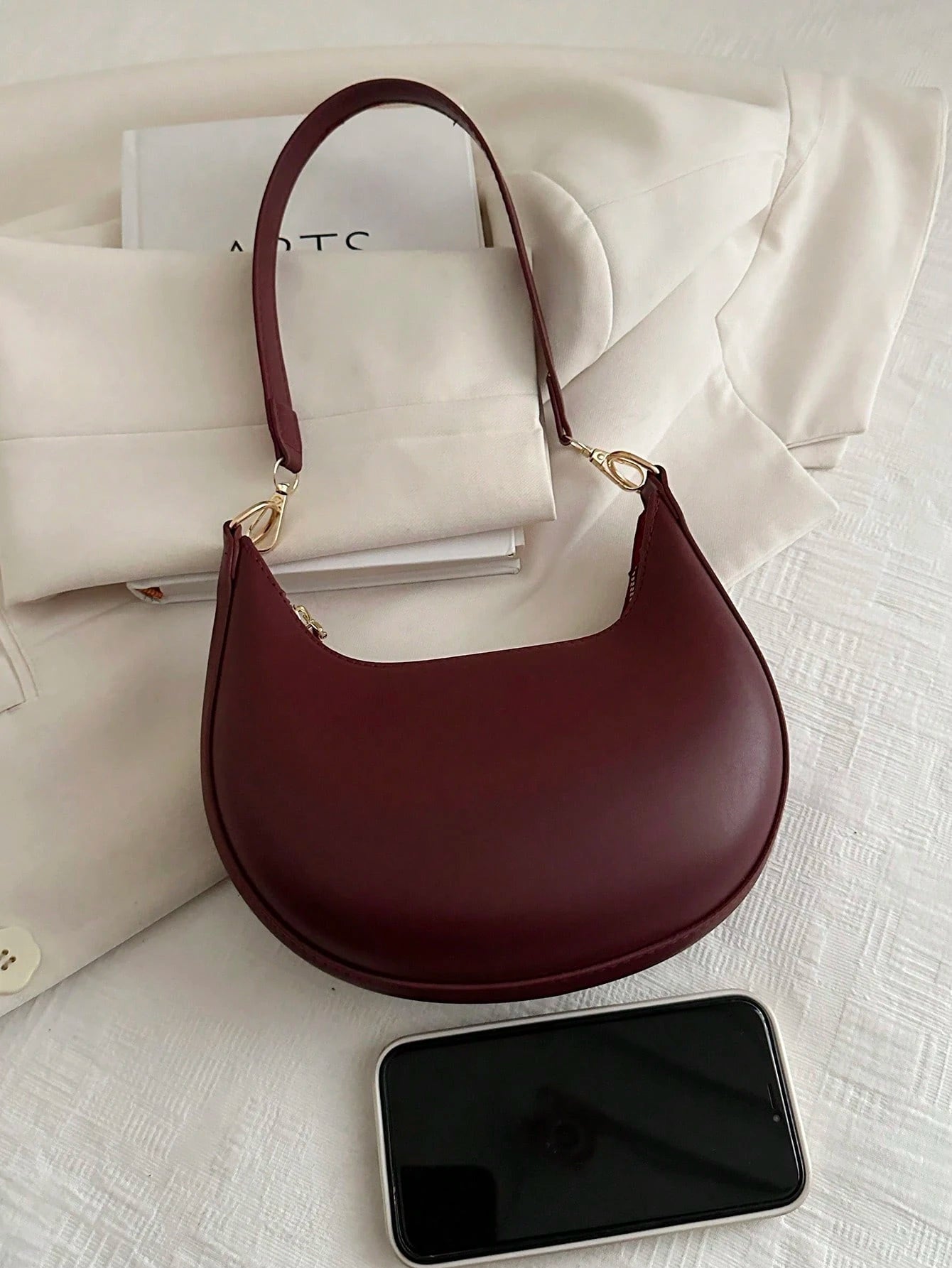 1pc Coffee Brown Crescent-Shaped PU Leather Shoulder Bag, Fashion Simple Solid Color Women Underarm Bag, Autumn/Winter