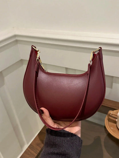 1pc Coffee Brown Crescent-Shaped PU Leather Shoulder Bag, Fashion Simple Solid Color Women Underarm Bag, Autumn/Winter