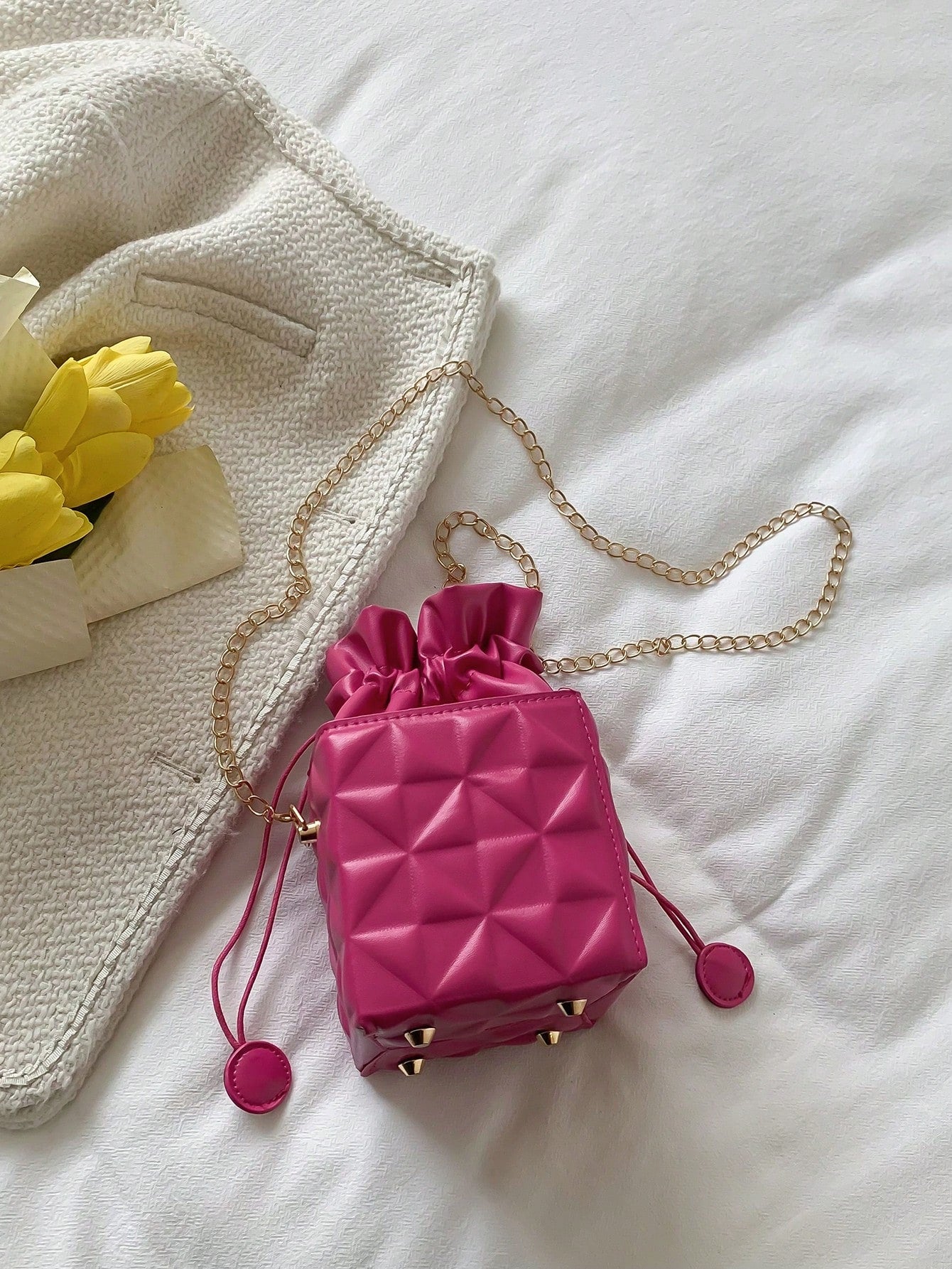 Women's Drawstring Closure Square Mini Chain Crossbody Bag