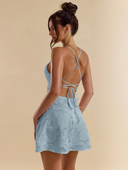 SHEIN BAE Spring/Summer Solid Pink Bodycon Low Back Tie Strap Textured A-Line Super Short Mini Dress For Women,Bohemian Clothes,Bodycon Dress