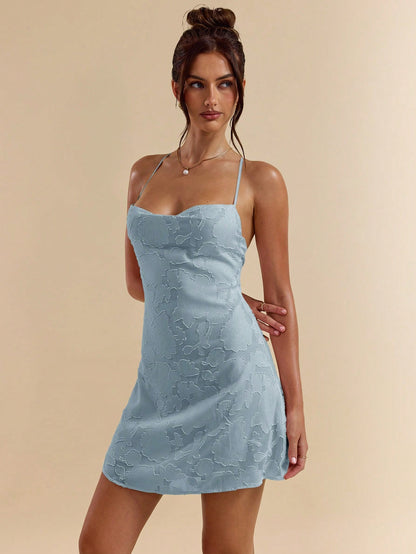 SHEIN BAE Spring/Summer Solid Pink Bodycon Low Back Tie Strap Textured A-Line Super Short Mini Dress For Women,Bohemian Clothes,Bodycon Dress