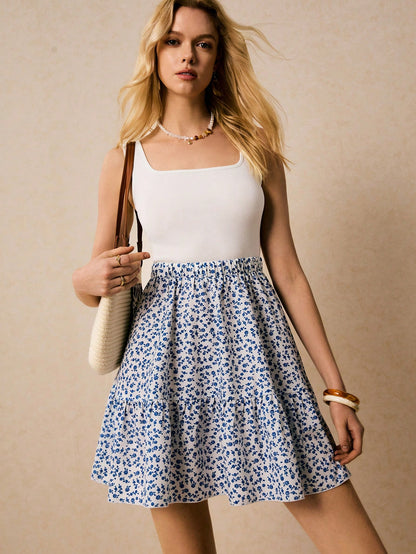 SHEIN Frenchy Summer Vacation Ladies' Floral Pattern Sleeveless A Line Waist-Cinching Dress