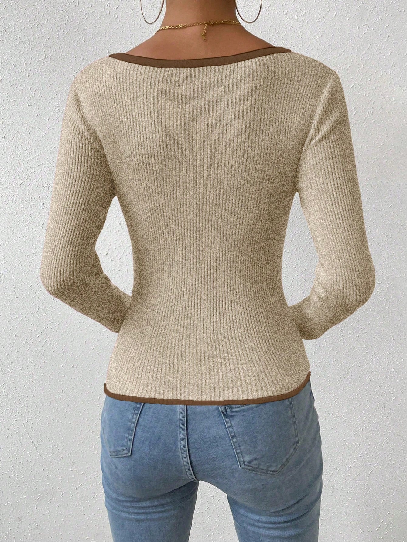 RosyDaze Contrast Binding Sweetheart Neck Ribbed Knit Sweater,Long Sleeve Tops Knit Pullover Fall Winter Outfit