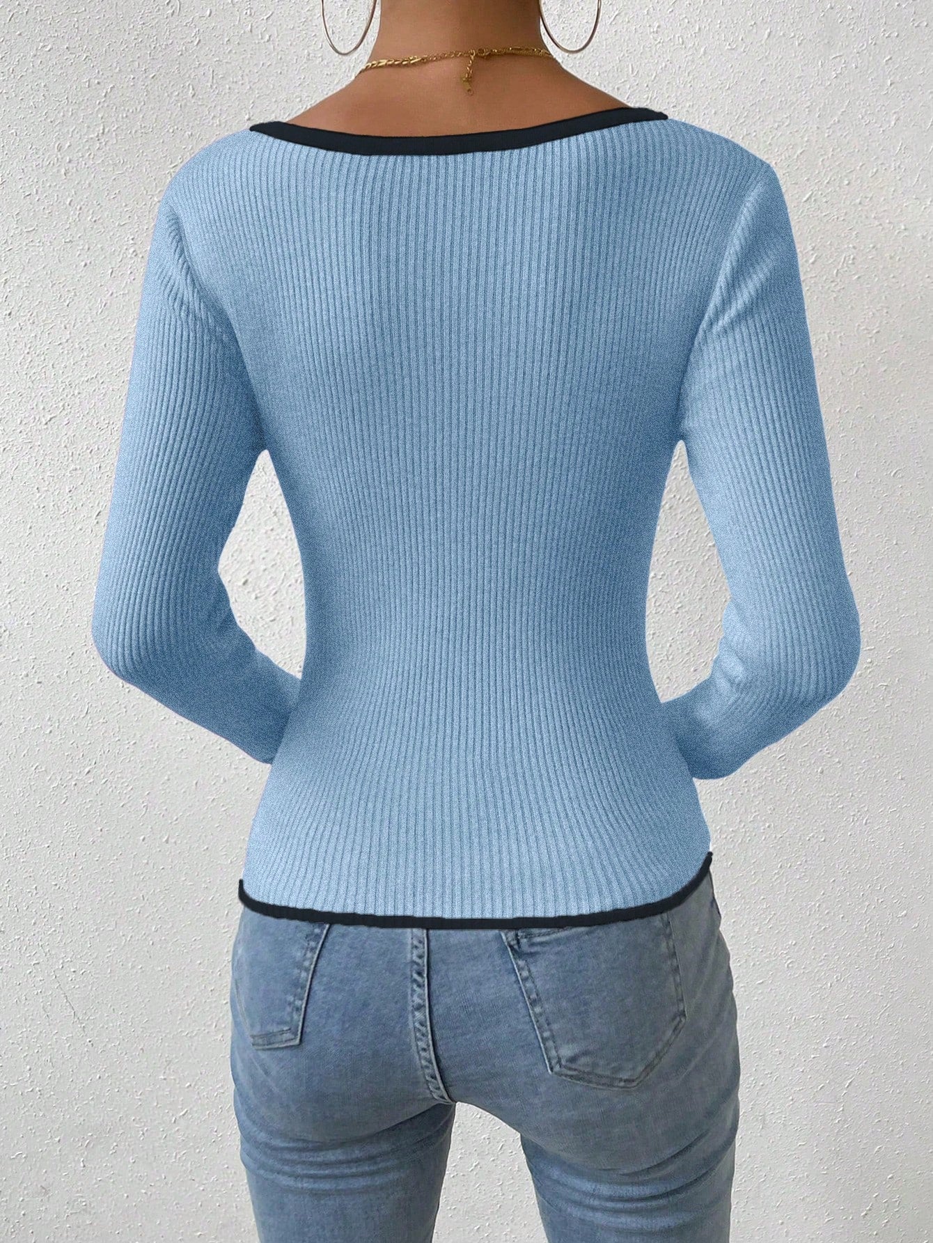 RosyDaze Contrast Binding Sweetheart Neck Ribbed Knit Sweater,Long Sleeve Tops Knit Pullover Fall Winter Outfit