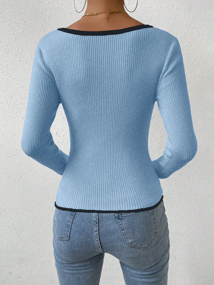 RosyDaze Contrast Binding Sweetheart Neck Ribbed Knit Sweater,Long Sleeve Tops Knit Pullover Fall Winter Outfit