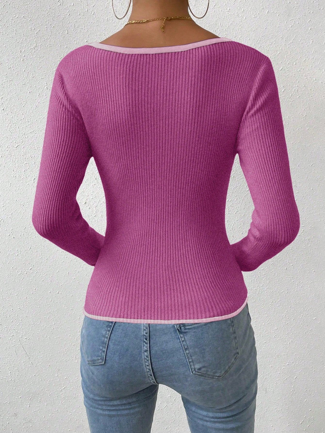 RosyDaze Contrast Binding Sweetheart Neck Ribbed Knit Sweater,Long Sleeve Tops Knit Pullover Fall Winter Outfit