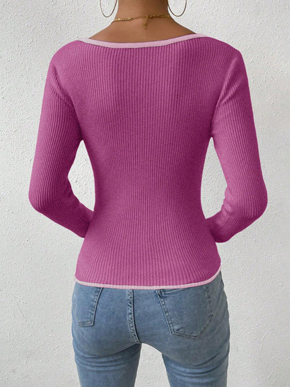 RosyDaze Contrast Binding Sweetheart Neck Ribbed Knit Sweater,Long Sleeve Tops Knit Pullover Fall Winter Outfit