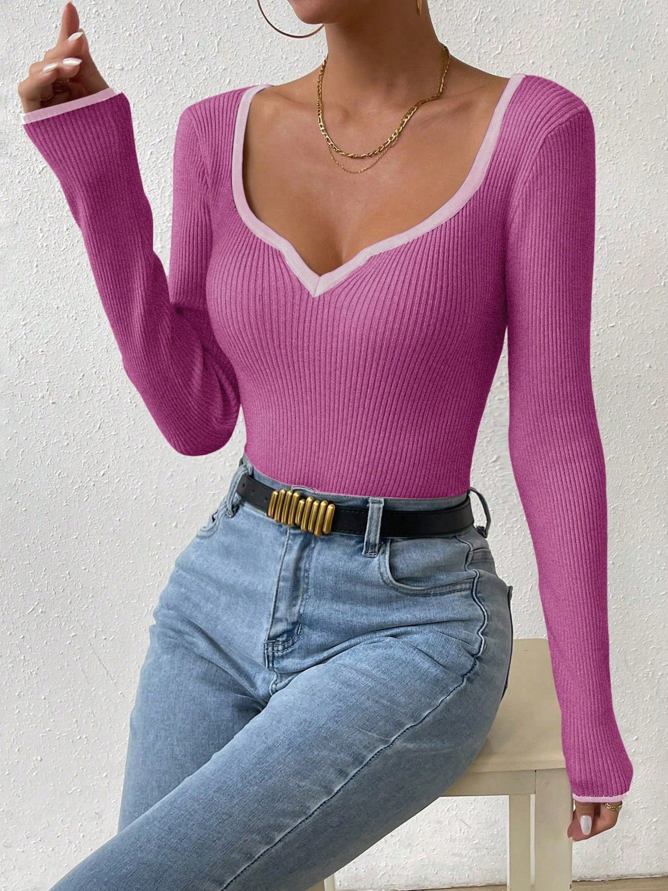 RosyDaze Contrast Binding Sweetheart Neck Ribbed Knit Sweater,Long Sleeve Tops Knit Pullover Fall Winter Outfit